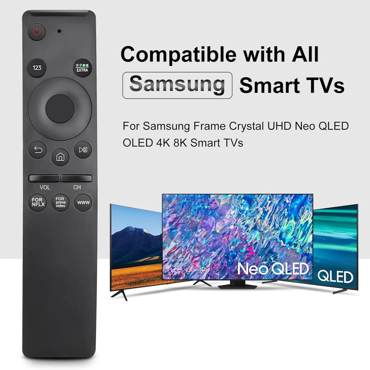 Replacement Remote for Samsung Smart TV, Universal Electronic Remote Control Compatible with All Samsung Frame Crystal UHD Neo QLED OLED 4K 8K TVs, No Pairing Needed, with Netflix & Prime Video Shortcut Buttons, Requires 2xAA Batteries (Not Included)