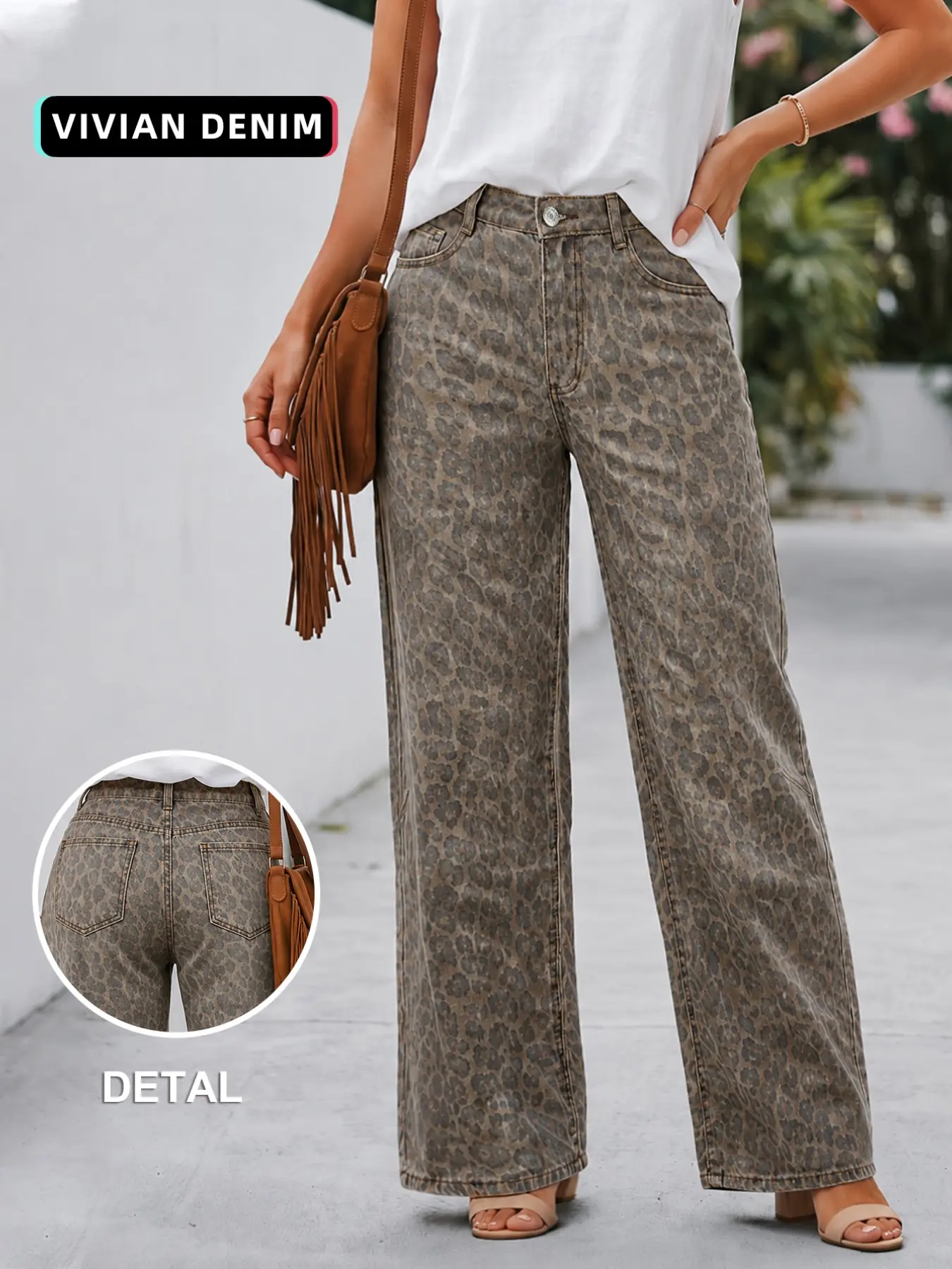 Vintage Leopard Print Wide Leg Loose Jeans, Straight Fit Long Pants, Women's Casual Streetwear, Trendy Vacation