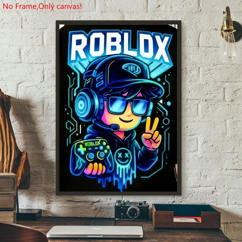 1 piece/set frameless canvas painting print poster, energetic and playful art，Roblox Gamer Neon Art，a perfect gift for Video games loves, ideal gift for bedroom, living room, dorm hallway, kitchen, mural, wall decoration, room decor