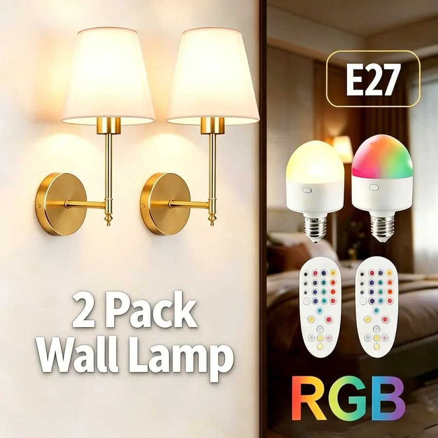 2-Piece Rechargeable Wall Sconces, Dimmable Wall Light, Gold/Silver—RGB with Remote Control and Dimming, Vintage-Style LED Wall Sconces—Wireless Installation, For Bedrooms, Living Rooms, Home Offices, Home Decor Wall Sconces