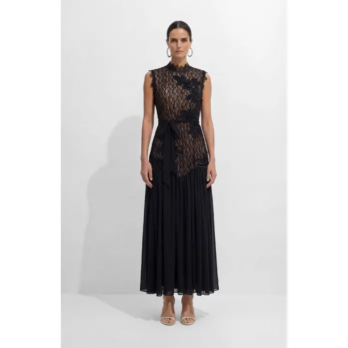 Sunfere Floral Applique Lace Bodice Maxi Dress - High Neck Sleeveless Chiffon Tie Waist Elegant, Formal Gala Wedding Guest Evening Event