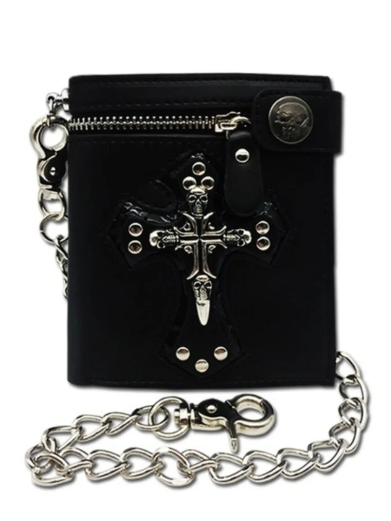 Gothic Retro Short Money Wallet, Punk Style Skull Men Crosses, Portable Leather Wallet, Biker Purse with Chain, Fashion Accessory