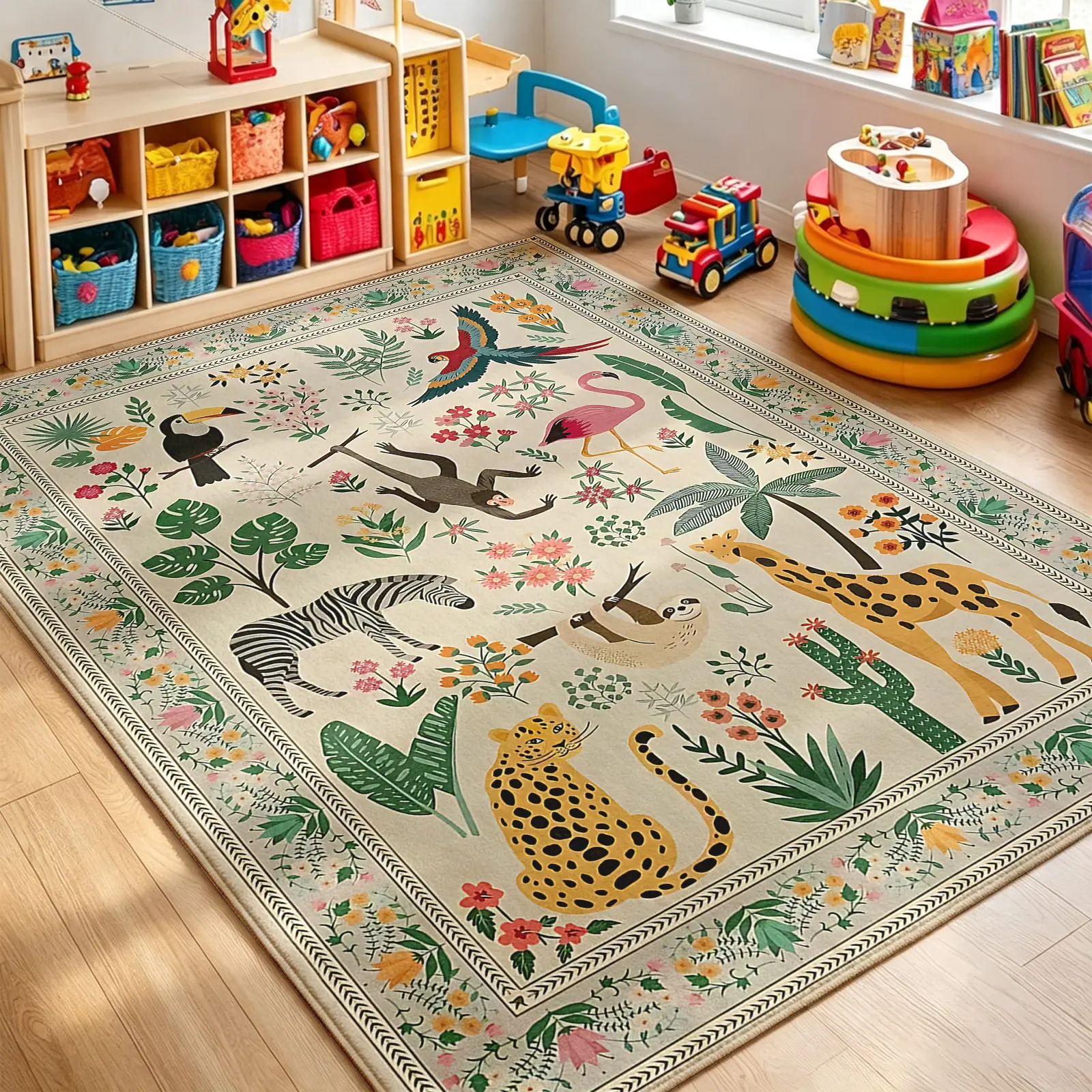 1pc Boho Chic Jungle Wildlife Area Rug, Watercolor Safari Animals & Geometric Border Pattern, Plush Low-Pile Stain-Resistant Machine Washable Carpet, Fun Whimsical Home Decor for Game Room, Living Room, Office Workspace, Great Back-to-School Gift & Room D