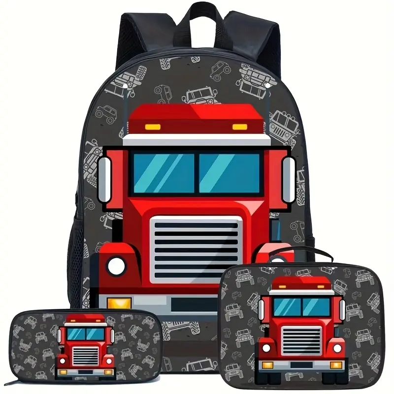 Kids' 3-Pieces Polyester Cartoon Firetruck Backpack Set, Red Rescue Vehicle School Bookbag with Matching Lunch Bag & Pencil Case, First Responder Gym Daypack for Boys/Girls, School Days Gift