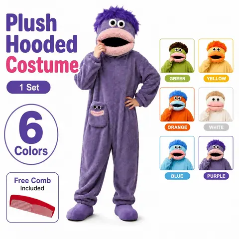 Adult Plush Hooded Party Costume, Soft Fleece Full-Body Design, Cute Face Pocket, Fun Photo for Holidays and Gatherings, Hooded Onesie