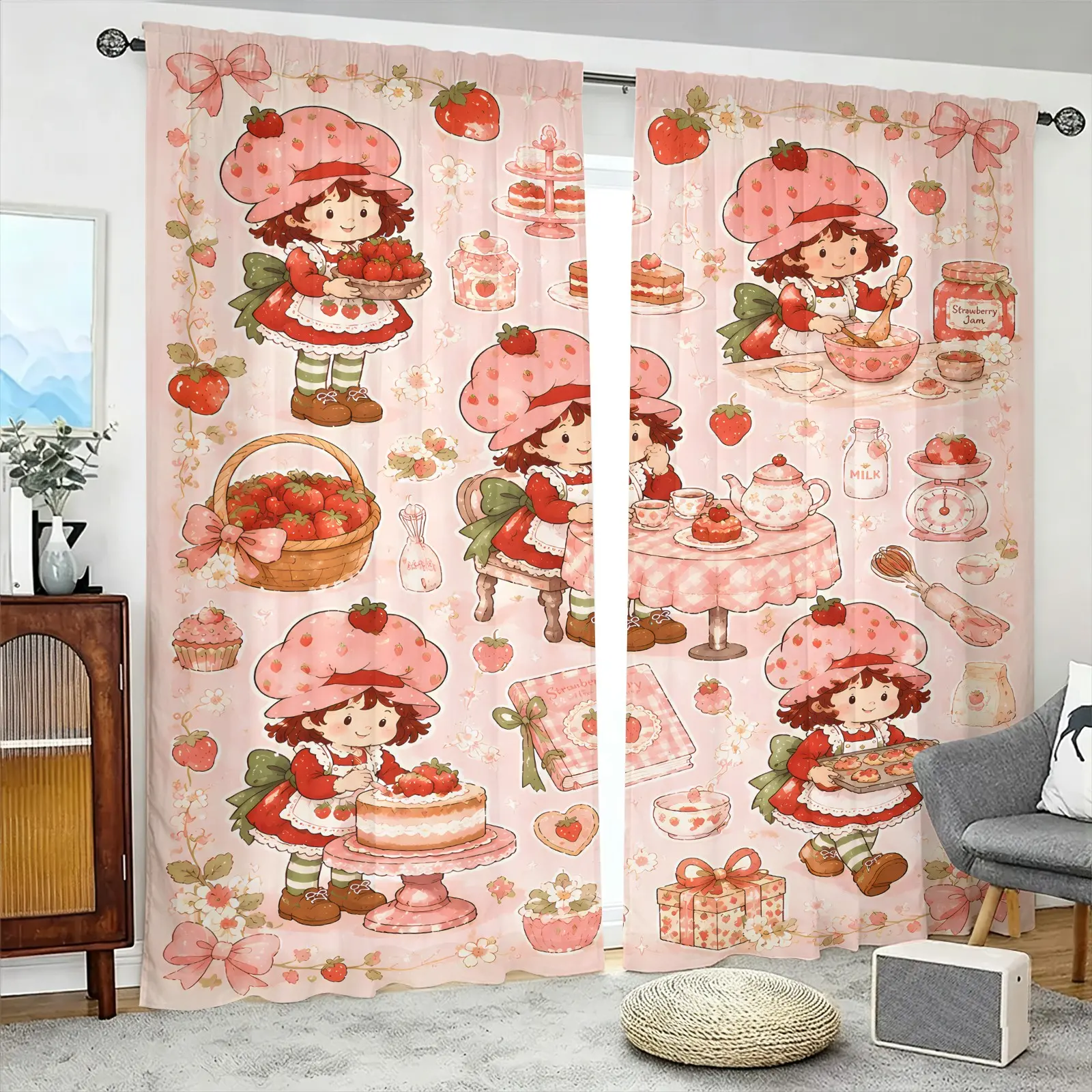 Set of 2 Brushed Fabric Curtains, Cute Strawberry Baker‑Girl Cartoon Digital Print Window Drapes, Semi‑Transparent & Fade Resistant, Through Rod Hanging Design, for Teen Girls Bedroom, Coquette Aesthetic Room