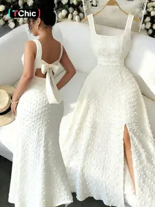 New Square Neck Sleeveless Textured Knit Split Back Butterfly Tie Chic Elegant Slim Fit Party Long Dress for Women