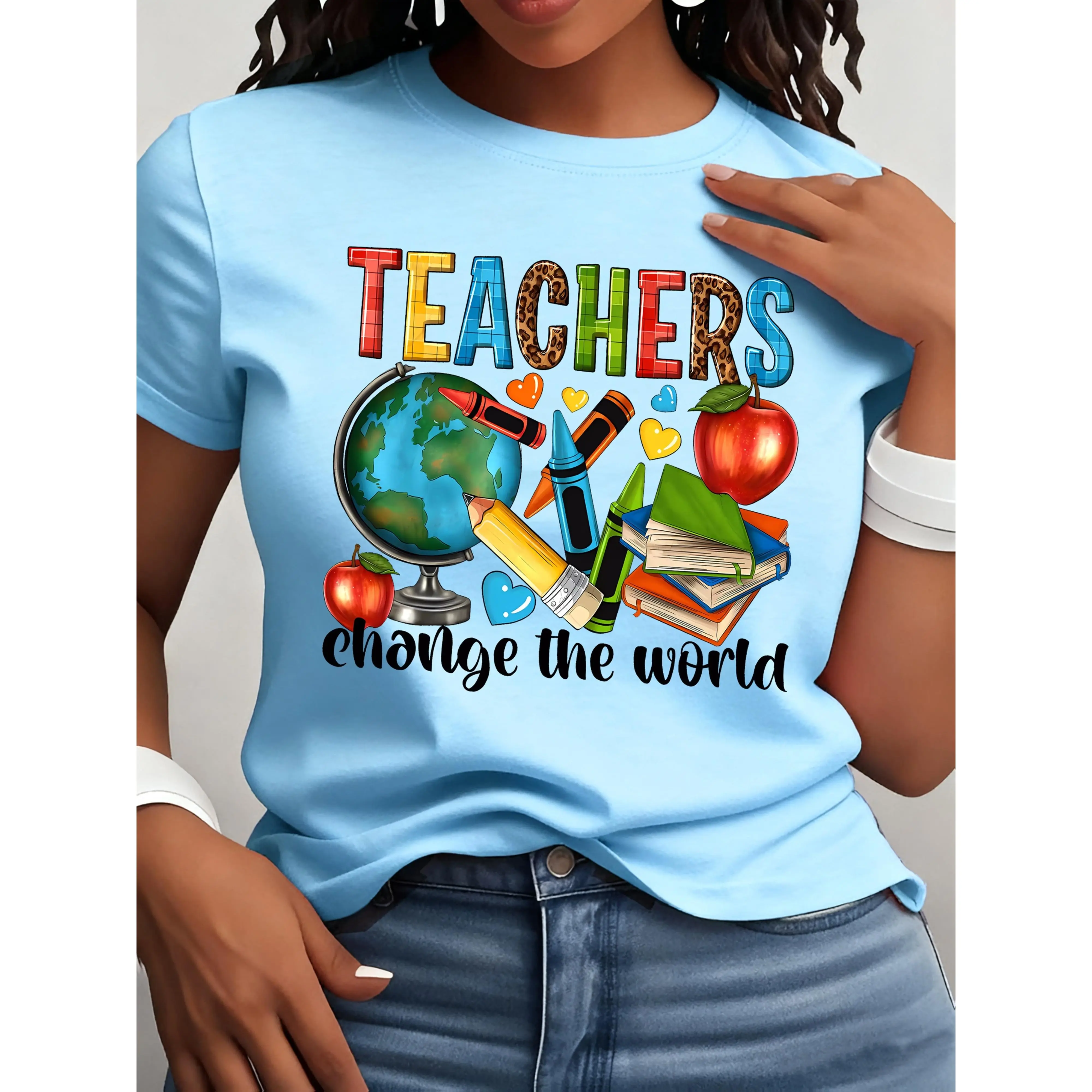 Women's Casual Round Neck Short-Sleeve T-Shirt - Teacher Pattern Print, Comfortable Breathable Fabric, Women's Clothing for Daily Wear
