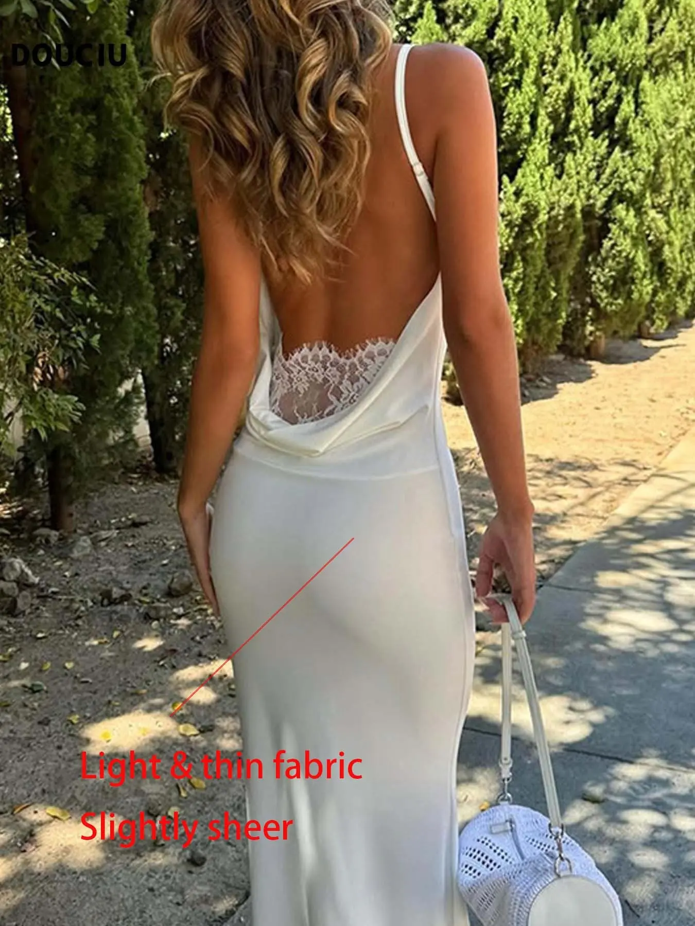 DOUCIU Thin Sleeveless Spaghetti Strap Dress, Elegant Summer Vacation Style, Sexy Backless Design, Semi-Transparent Strappy Bodycon Long Dress, Women's Fashion, Bodycon Dresses