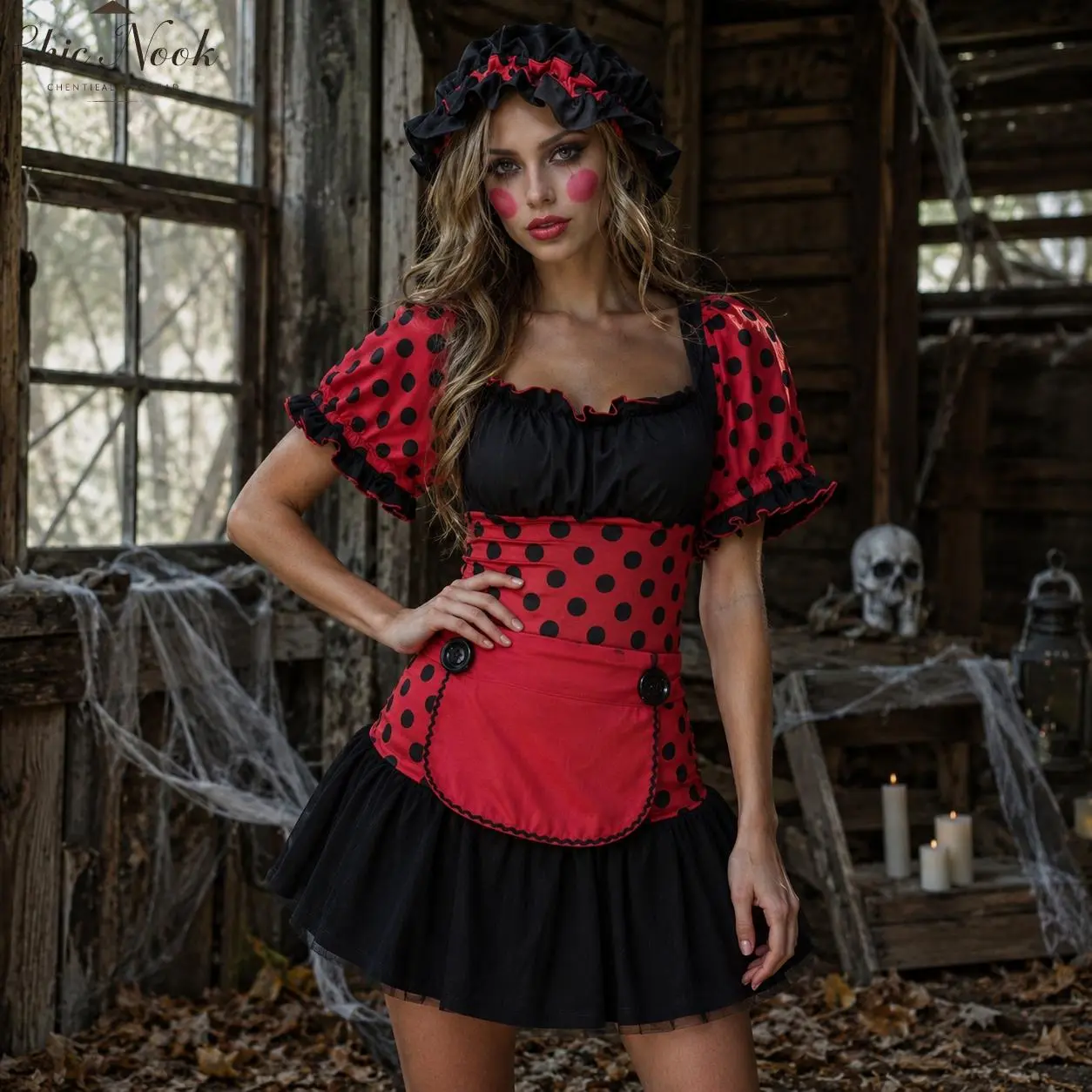 Women Ladybug Costume, Dot Print Tube Top Dress with Hat for Halloween Cosplay Party