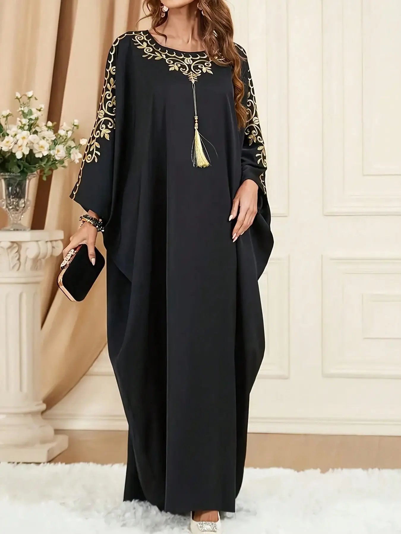 Women's Long Robe, Elegant Batwing Sleeves, Fringe Detailing, Flowy Design, Ideal for Ramadan & Eid, Comfortable Loose Fit, Islamic Clothing