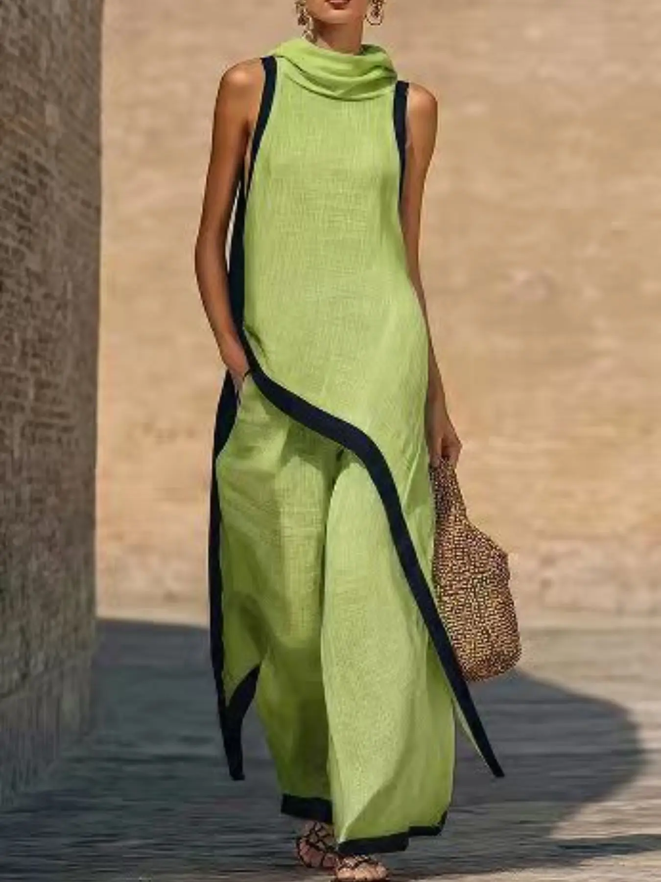 Women's 2 Piece Boho, Sleeveless Hooded Top and Wide Leg Pants, Casual Loose Fit, Vacation Resort Wear, All Seasons