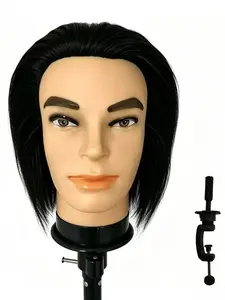 Men's 8-Inch Real Hair Barber Practice Mannequin Head Model, Supports Perming, Dyeing, Blowing, Trimming, Ideal for Beginners, Includes Stand