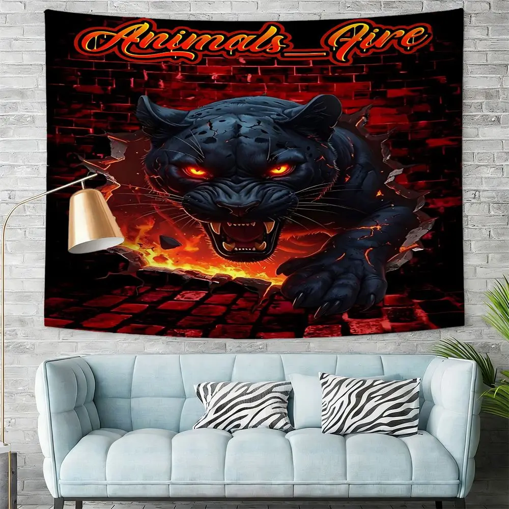 Fierce Black Panther Digital Print Trippy Tapestry, Intense Wall Hanging Tapestry with Shattered Brick Design, Wild Animal Wall Decor, Perfect for Home Aesthetics, Living Room and Bedroom Wall Art, Vibrant Colors, High Quality Textile for Bold Statement