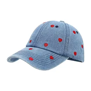 Vintage Washed Denim Baseball Cap Heart Embroidered Dad Hat All Over Pattern Red Blue Cute Love Graphic Retro Adjustable Sun Visor For Women Girls Casual Gift