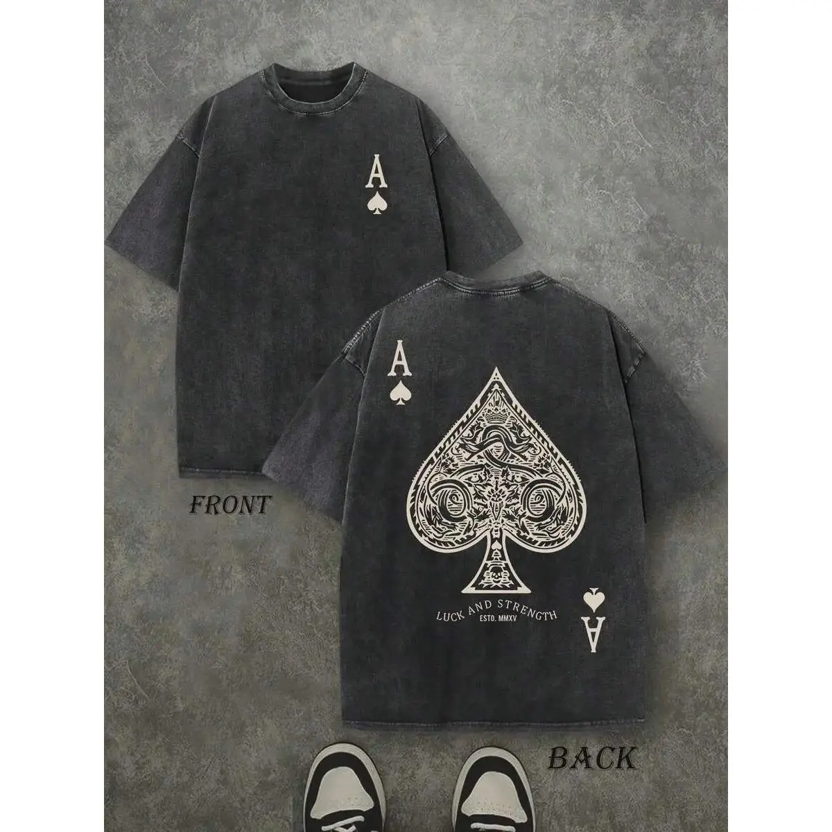 Men's Vintage Ace of Spades T-Shirt - Washed Black Silky Cotton Oversized Short-Sleeve Streetwear Tee, Retro Poker Card Graphic Casual Crewneck for Joggers, Pairable with Cardigans, Tshirt, Shortsleeve, Garment, Classic