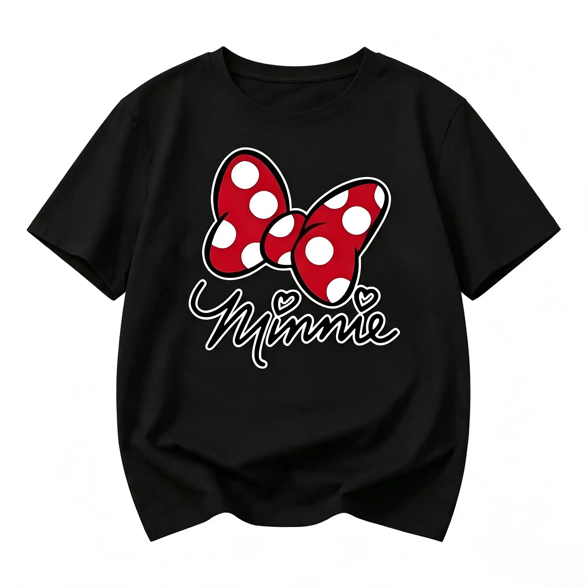 Minnie-style Red Polka Dot Bow and Handwritten "Minnie" Pattern Summer New Women's T-shirt Short Sleeve Top Casual Fashion Printed T-shirt for Women Elegant Women's Clothing