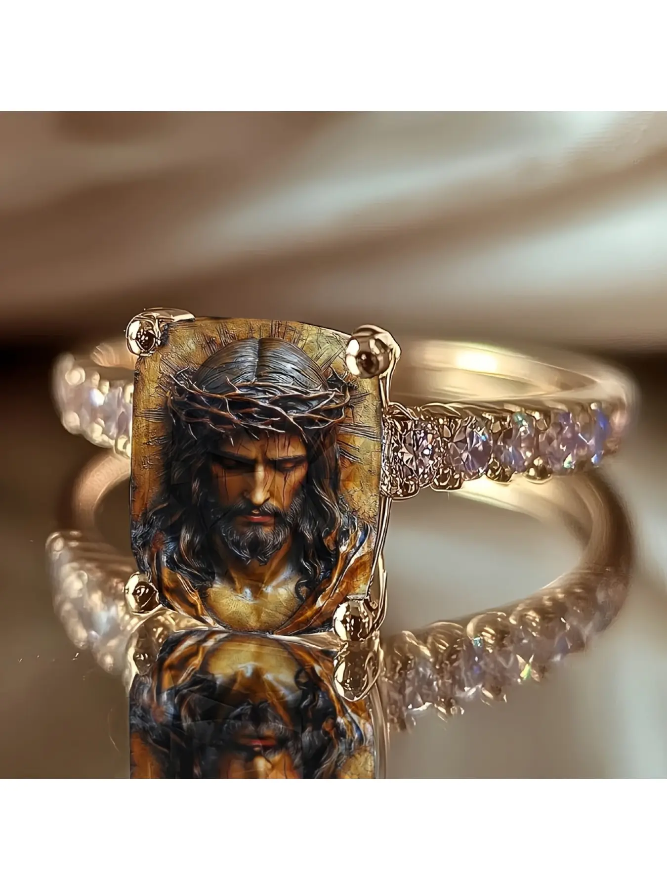 Thorn Crown Portrait Printed Square Ring with side bright diamonds accentuating the vintage distressed image, carrying a pious meaning, a thoughtful and niche decorative jewelry for overseas believers to commemorate