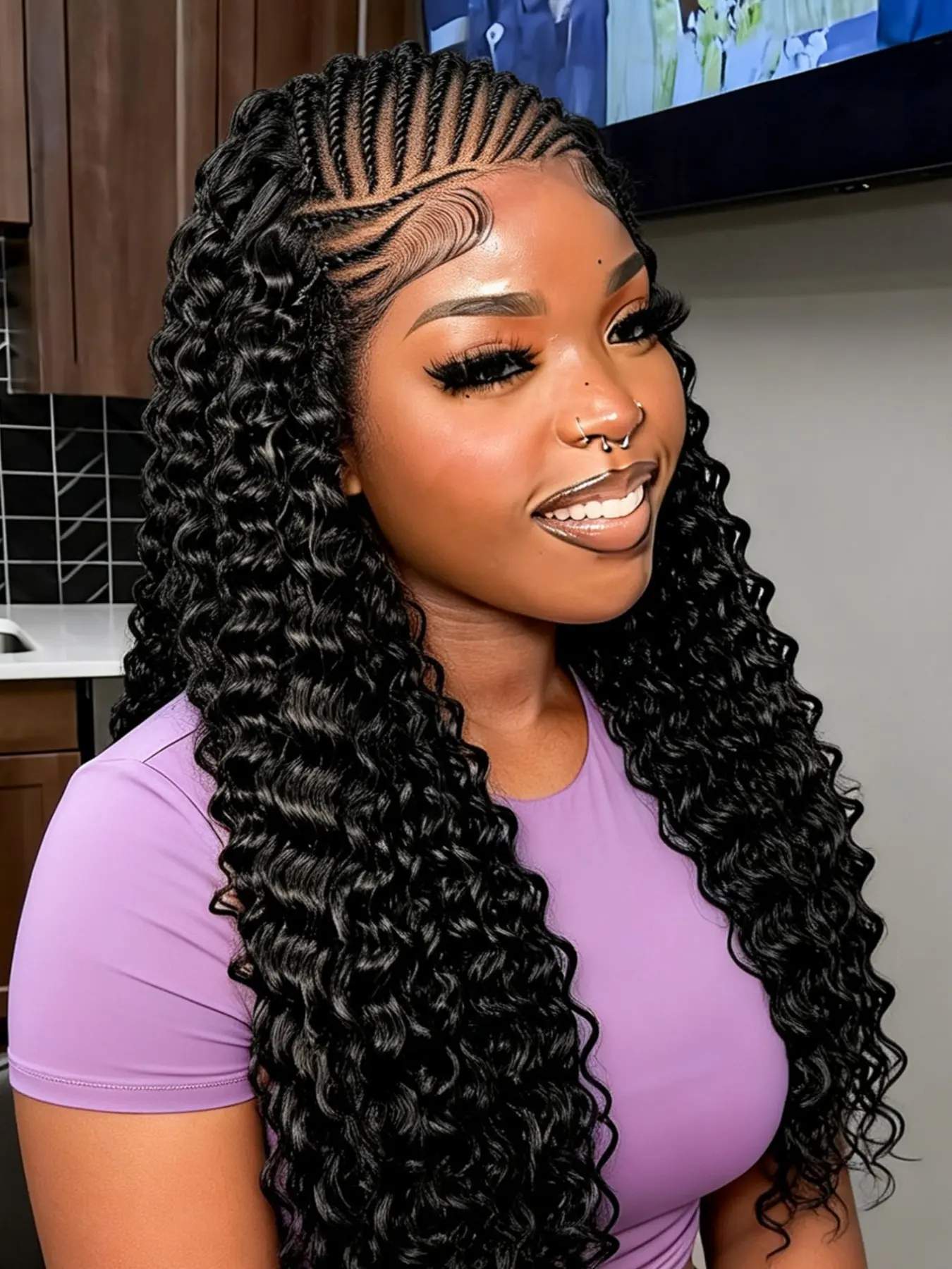 Natural Deep Wave 13x6 HD Lace Front Synthetic Wig, Pre-Plucked Edges, Braided Style, Synthetic Hair Wig for African American Women, Pre Plucked Wigs, Curly Synthetic Wig, Synthetic Fiber Wig