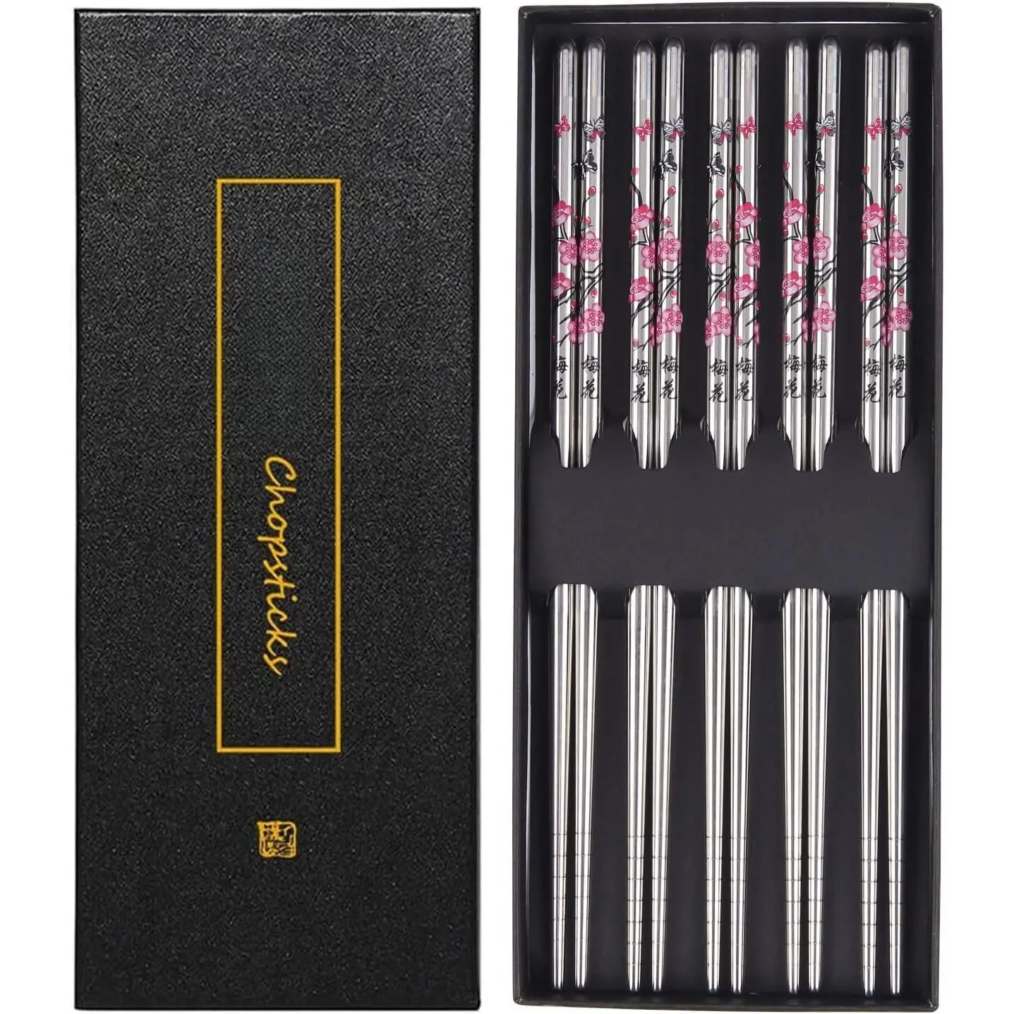 Stainless Steel Chopsticks, Metal Chopsticks,  Non-slip Design Chop Sticks, 5 Pairs  Set,Plum  Design