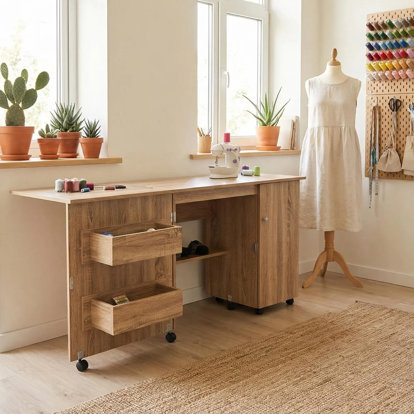 Folding Sewing Table with Storage, Large Sewing Machine Table with Shelves & Lockable Wheels, Multi-Functional Craft Desk Sewing Cabinet with Compact