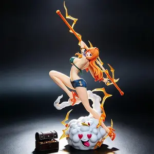 One Piece Nami Figure, 2 Versions with Clima-Tact & Zeus Cloud Base，Nami Collectible Statue, Battle Pose with Lightning Effects & Treasure Chest，Two Outfit Styles for Fans & Display，With Clima-Tact Staff and Dual Version Options