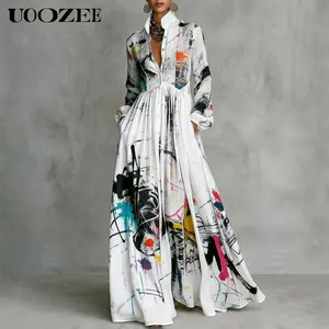UOOZEE Women's Women's Abstract Paint Splash Print  Slim Fit Maxi Shirt Dress, Long Elastic Cuff Sleeve Button Front White Long Dress with Pockets, Size Up for Full Bust, Floor Length Note for Petites