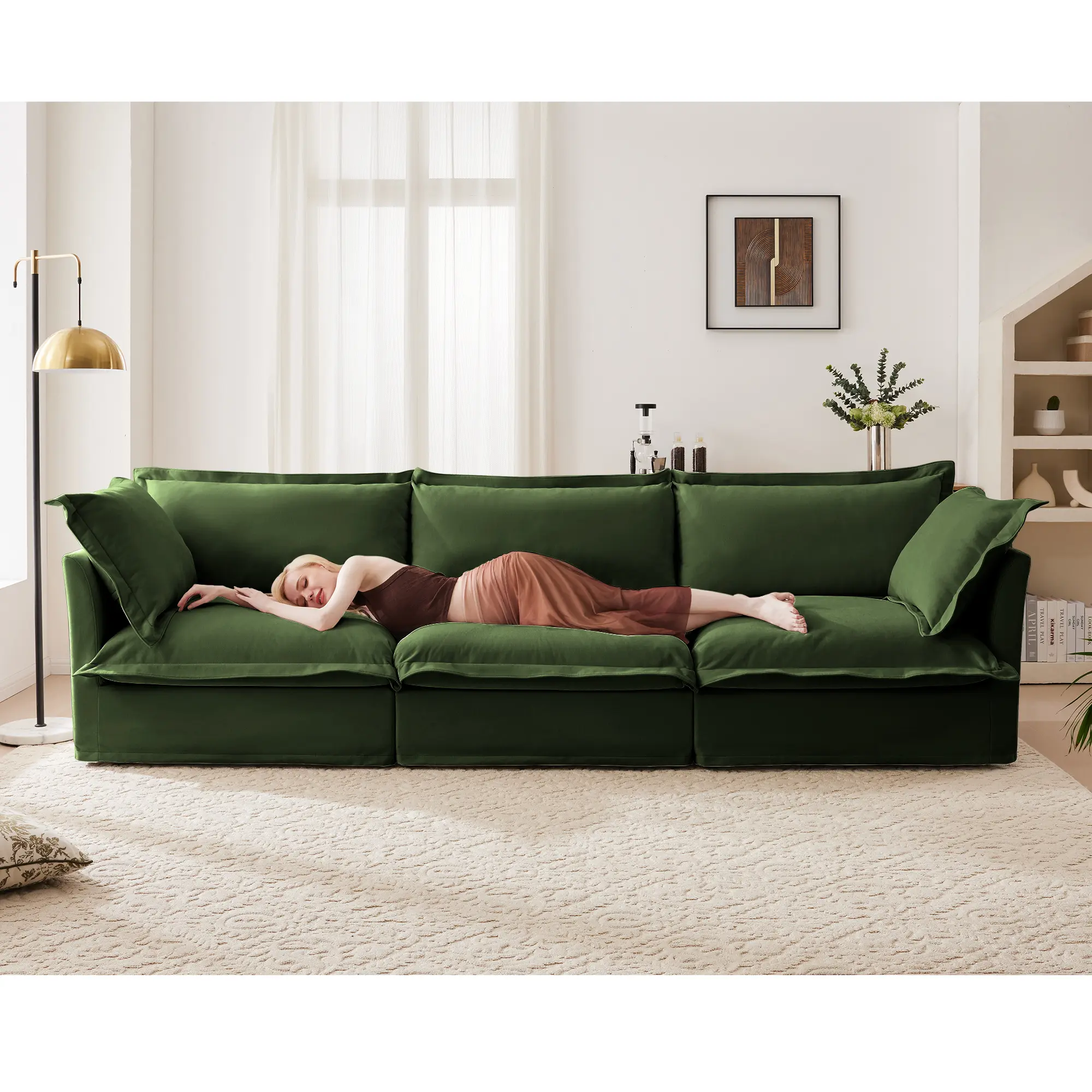 ARCH Modern 3 Seater Slipcovered Sofa Couch with Suppleness Armrests, Chenille Fleece Deep Seat Sofa with Soft Multiple Pillows, Comfy Couch for Living Room, Apartment, Green Chenille Fabric, Living Room Furniture for Apartment, Lounge