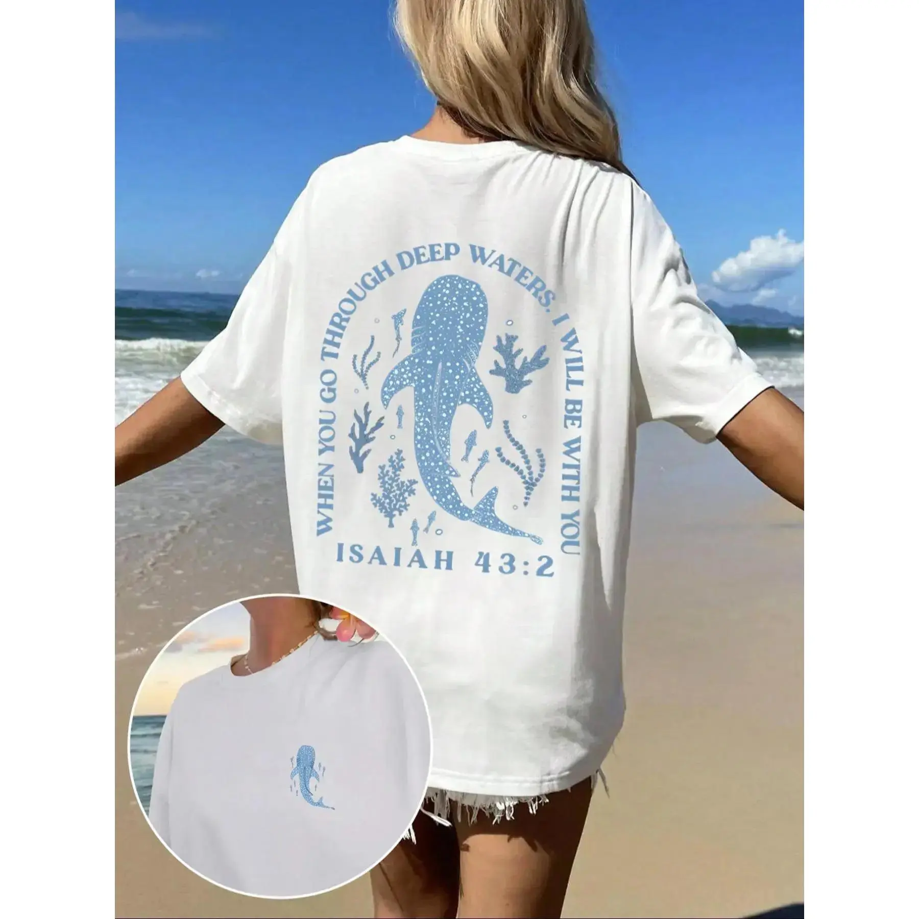 Unisex 100% Cotton Casual Loose Tee - Whale Pattern Digital Print Oversized Round Neck Short Sleeve Classic Sporty Chic Streetwear Top, US Sizes, for Daily & Outdoor Wear, Fast Shipping