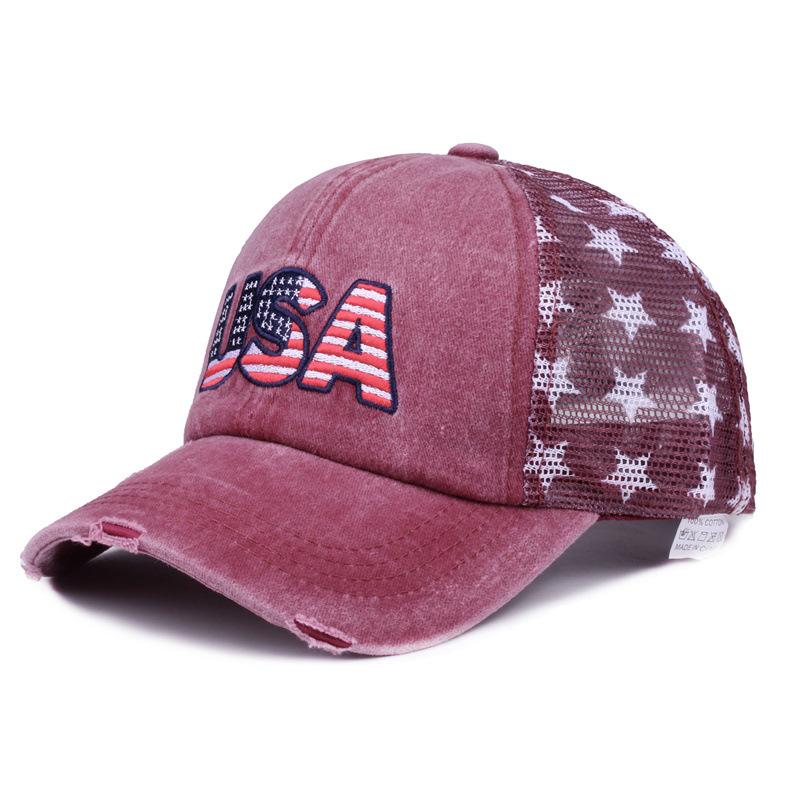 Washed cotton vintage baseball cap with embroidery, American flag embroidered cap, mesh cap, five-pointed star mesh cap