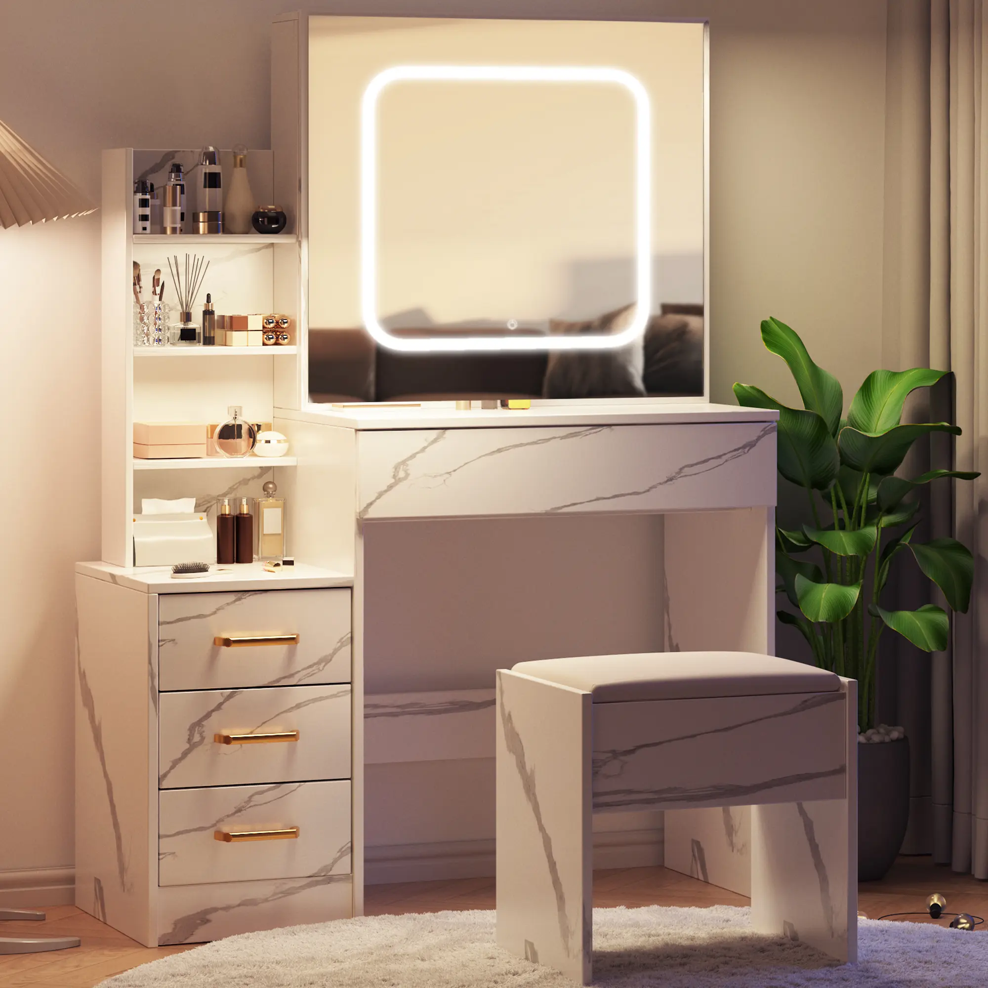 Lighted Vanity Desk with Sliding Mirror – 3-Color Modes, Power Outlet & 4 Drawers – Bedroom Makeup Table,dorm essentials,home decor