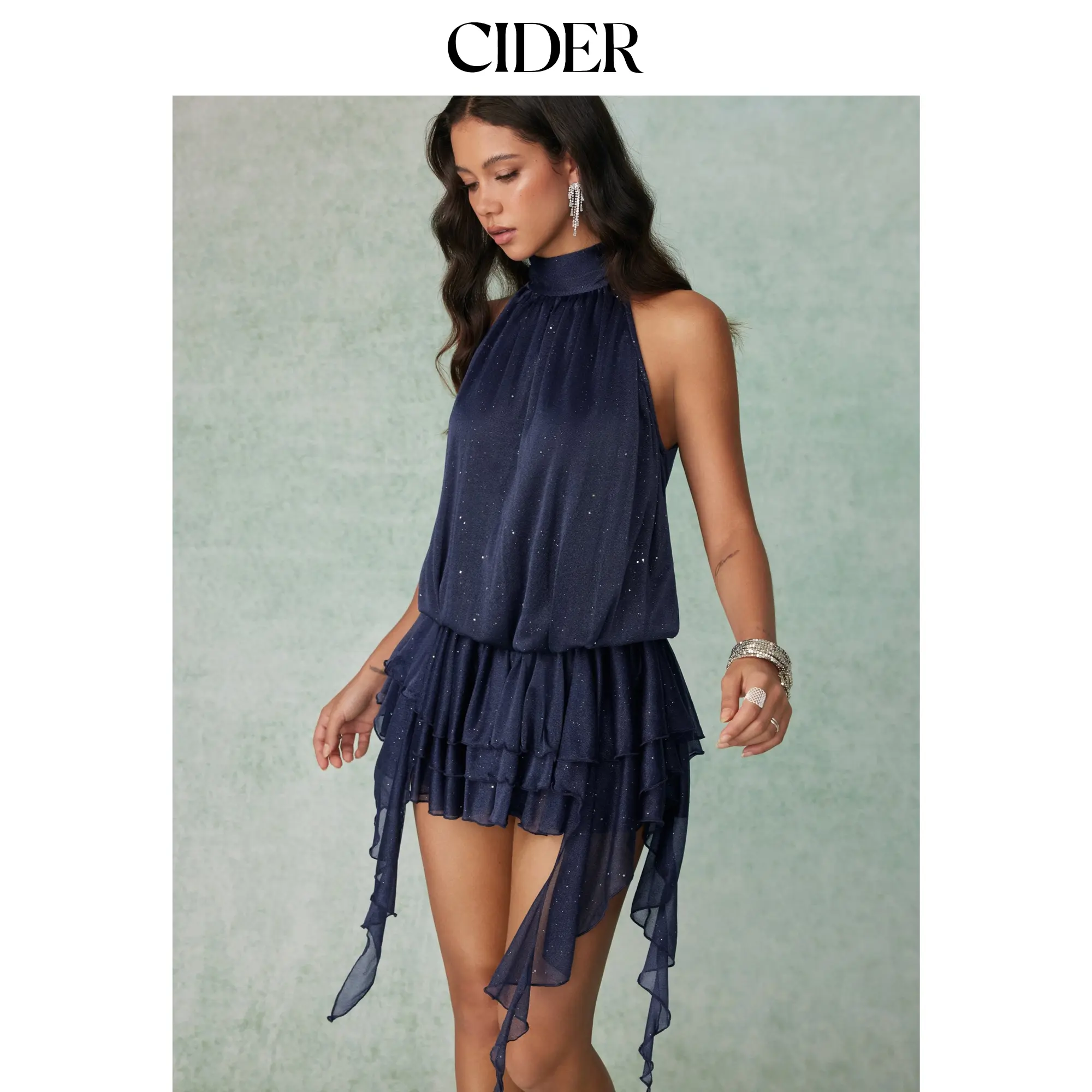 Cider Glitter Mesh Halter Neckline Layered Ruffled Asymmetrical Hem Mini Dress
