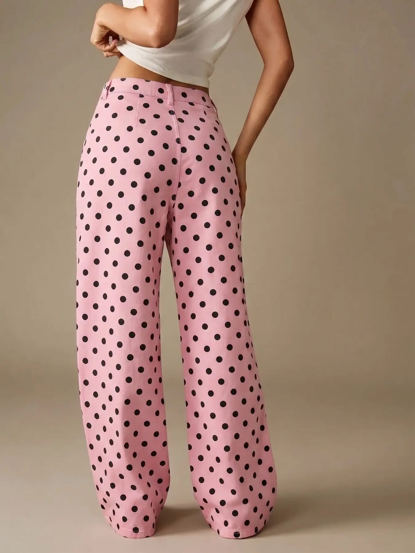 Sweet Cool Straight Leg Polka Dot Jeans Pants, Mid Waist Non-Elastic, Cotton Comfort, Classic Five-Piece, Loose Fit, Ideal for Dopamine Dressing