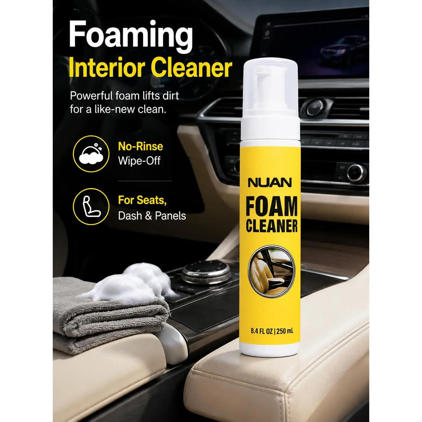 NUAN Car Interior Cleaner Foam Spray, Upholstery & Seat Cleaner for Fabric, Leather, Dashboard and Interior Stains