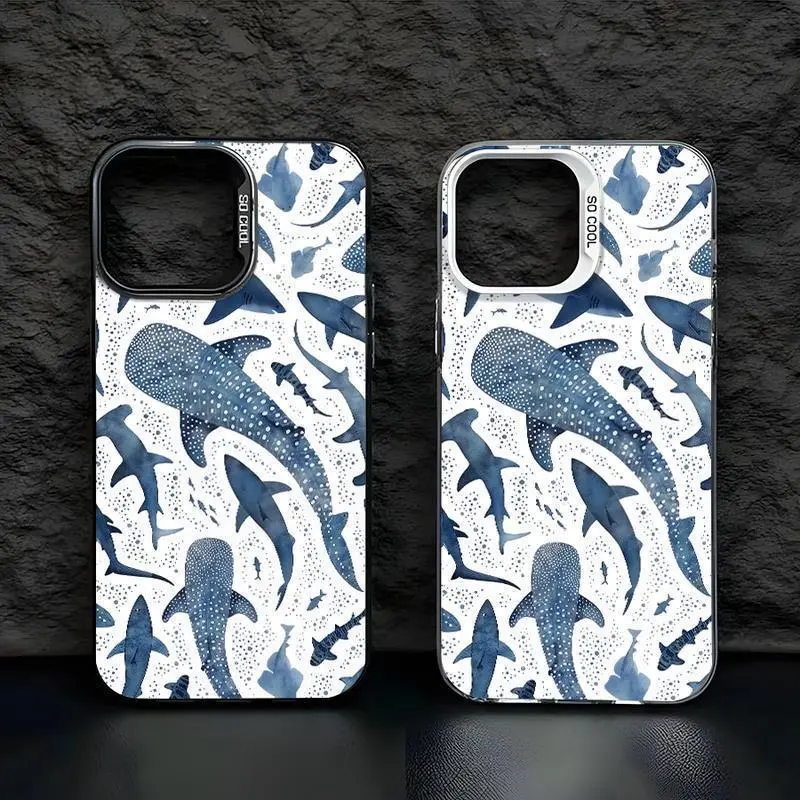 (New Arrival)(New Arrival)Whale Shark Pattern Phone Case Blue Ocean Aesthetic TPU Soft Shell Anti-Fall Anti-Slip Anti-Fingerprint for iPhone 11 12 13 14 15 16 Pro Max Protective Shockproof Casing