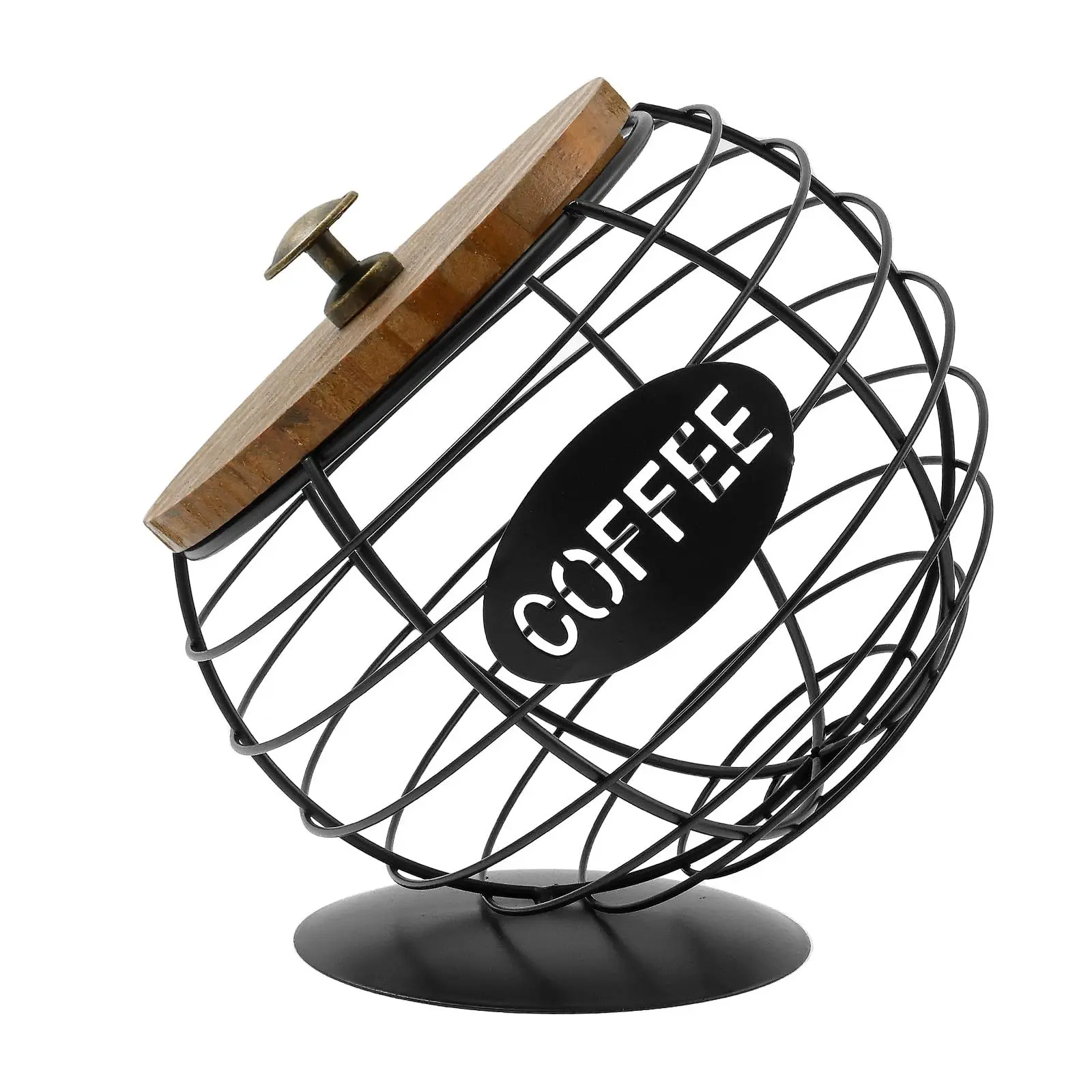 Unique Pod Basket with Wooden Lid, Iron Coffee Capsule Holder, Slanted Design for Home, Bar, and Cafe Display
