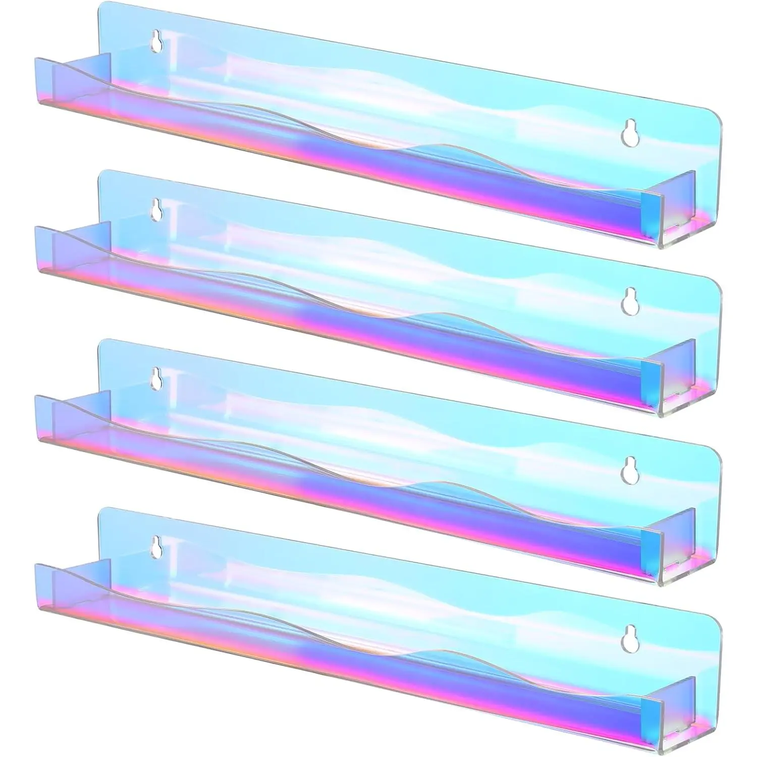 4 Pack of 15" Iridescent Acrylic Floating Shelves, Wall-Mounted Clear Acrylic Display Shelf with Invisible Setup for Funko Pop Display Shelves, Wall Organizer for Bathroom, Bedroom, and Bookshelf.