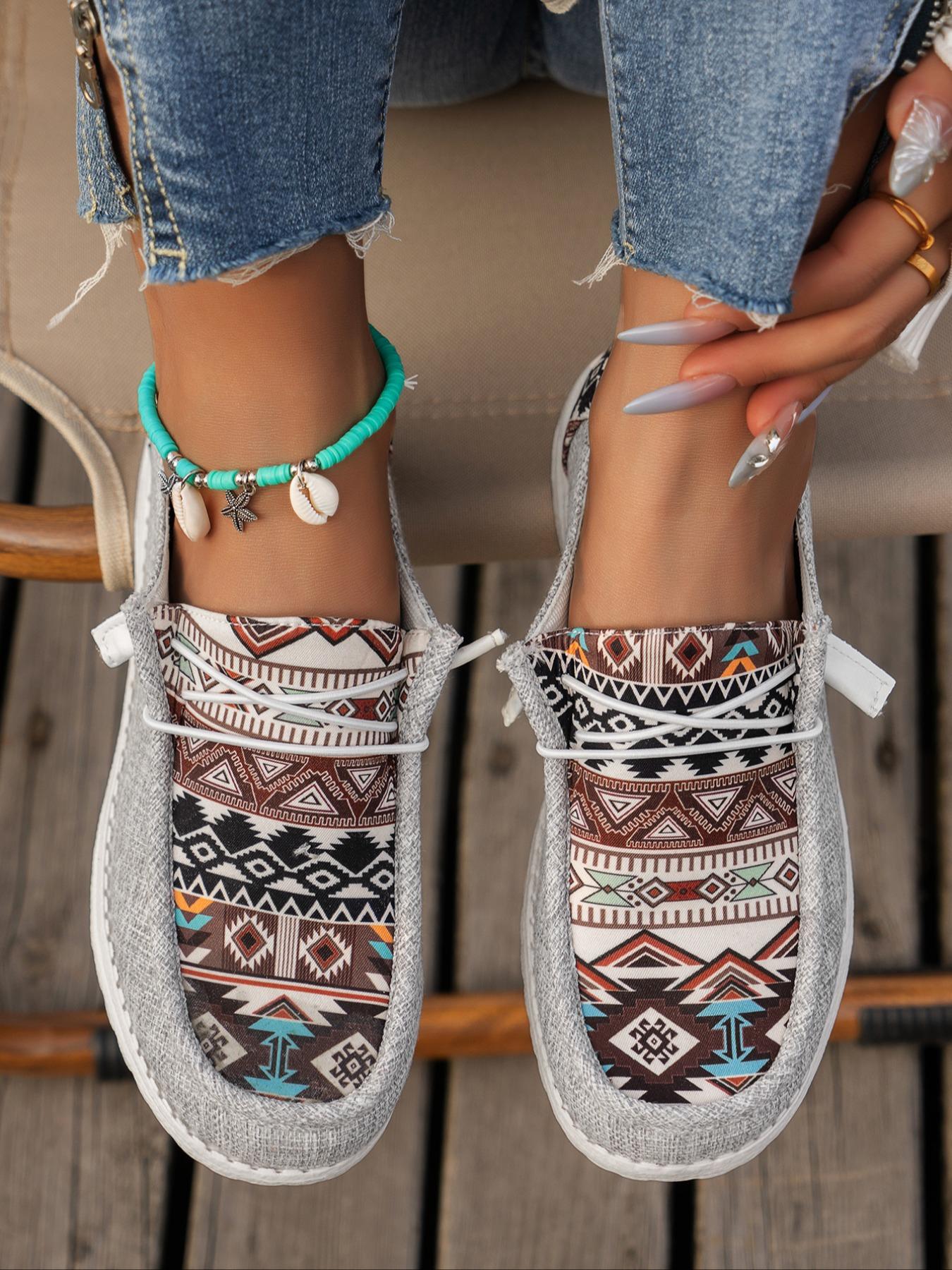 Women's Boho Style Ethnic Random Pattern Slip on Sneakers, Casual Comfortable Round Toe Shoes for Daily Wear, Perfect for Women and Outdoor, As Gift for Wife, Girl Friend, Daughter