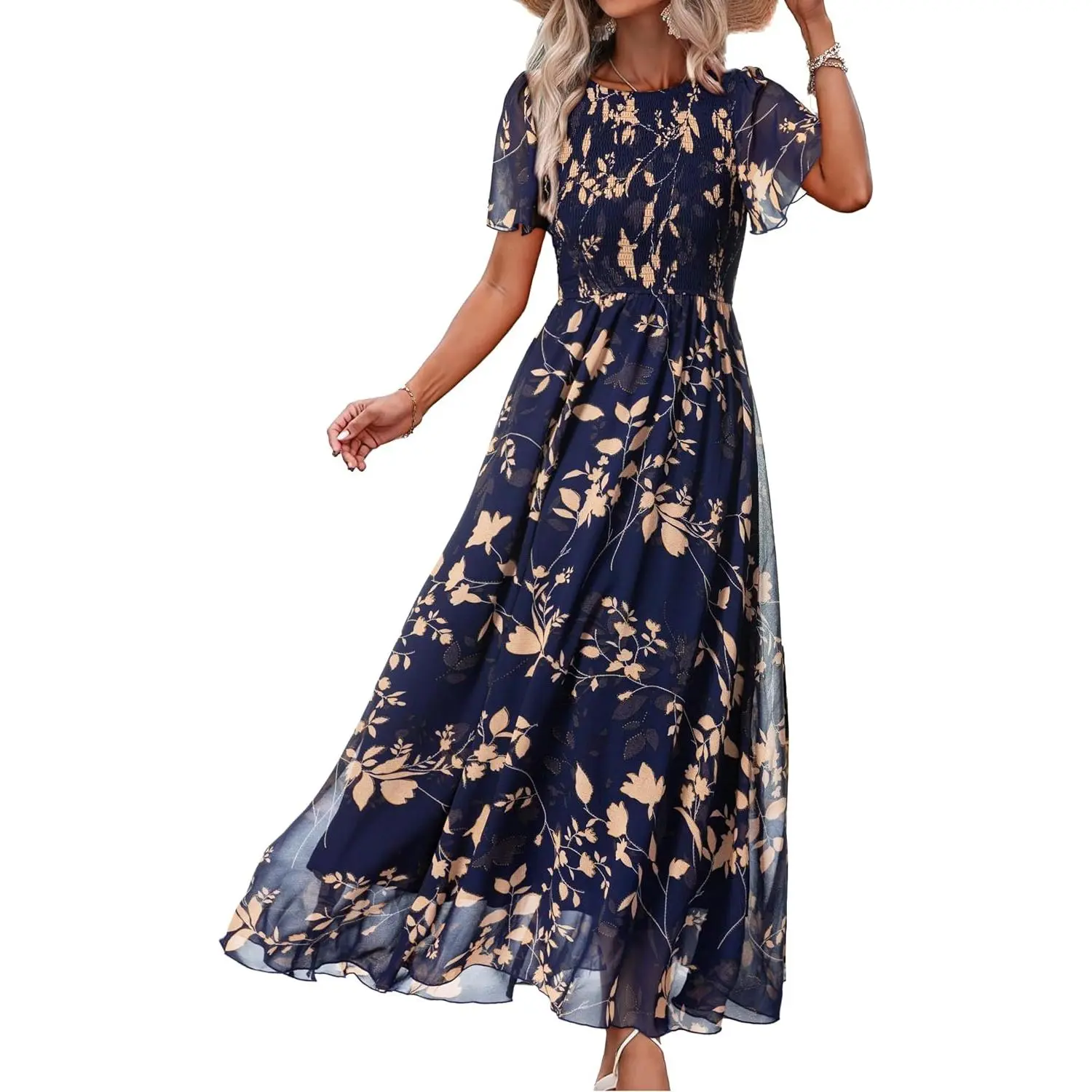Women's Floral Boho Maxi Dress - Casual Summer Chiffon Gown with Smocked High Waist and Feminine Flutter Short Sleeves, Casual Wear, Drape, Shortsleeve, Formal, Elegance, Comfortable, Fabric, Cute, Fit, Bohemian, Party, High Waisted, Flutter Sleeve, Chiff