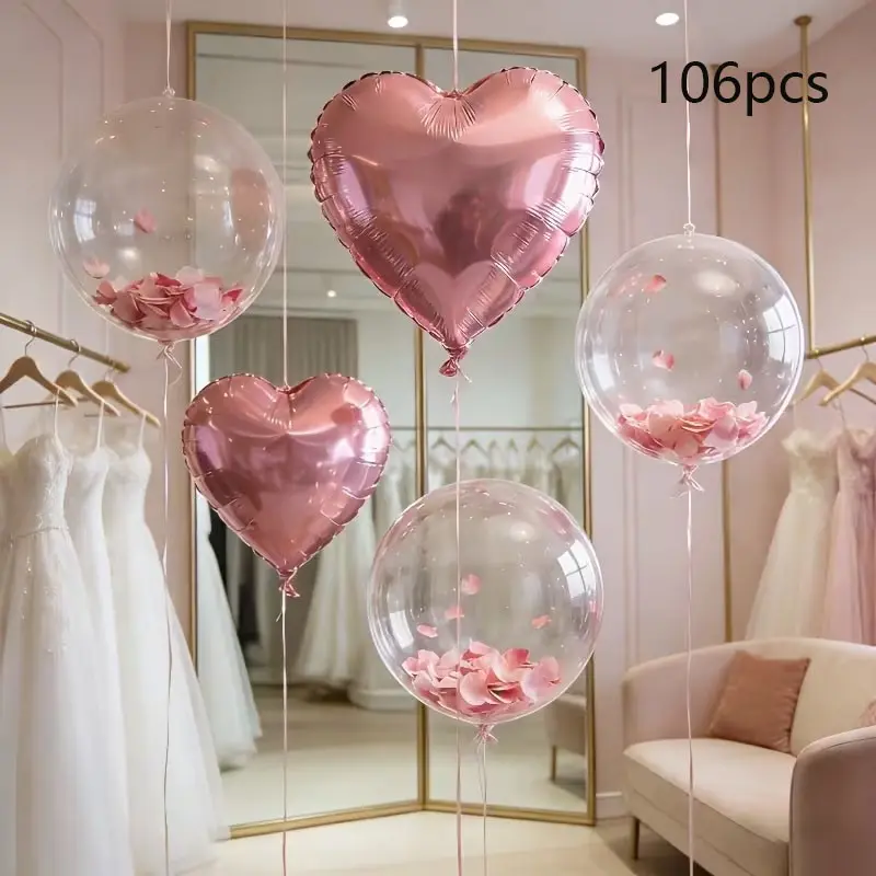 106pcs Transparent Bobo Balloon and Heart Aluminum Foil Balloons Set, 6 Balloons, 100 Petals, Wedding, Birthday, Valentine's Day Decorations, Balloon Party Supplies and Photo Props