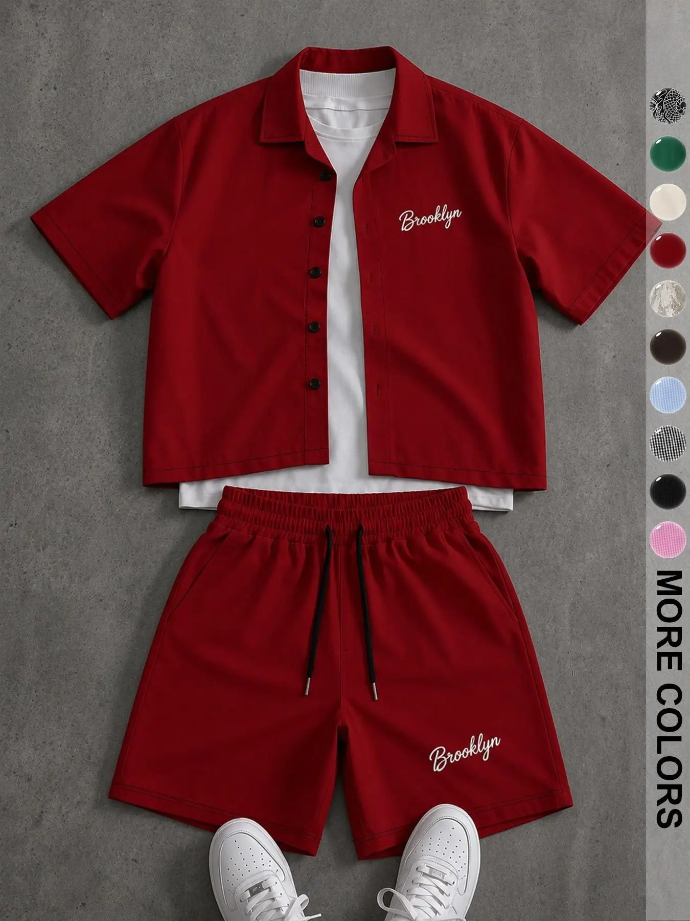 Summer Casual Plaid & "Brooklyn" Letter Print Co-Ord Set, Loose-Fit Collared Button Front Short Sleeve Shirt & Drawstring Waist Shorts, Multicolor Two-Piece Set, Man Clothes
