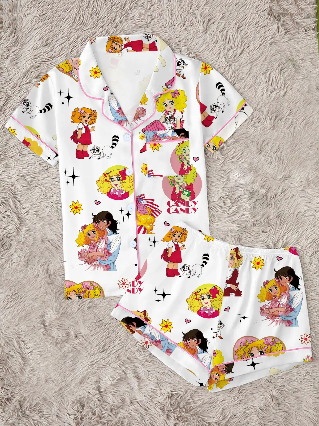 Cartoon Girl Cute Anime Print Women's Loungewear Pjs Set, Comfortable Wear-Outside Sleepwear, Short Sleeve Button-Up Top and Elastic Shorts, Casual Home, Party Gift, Cartoon Pattern Pajamas