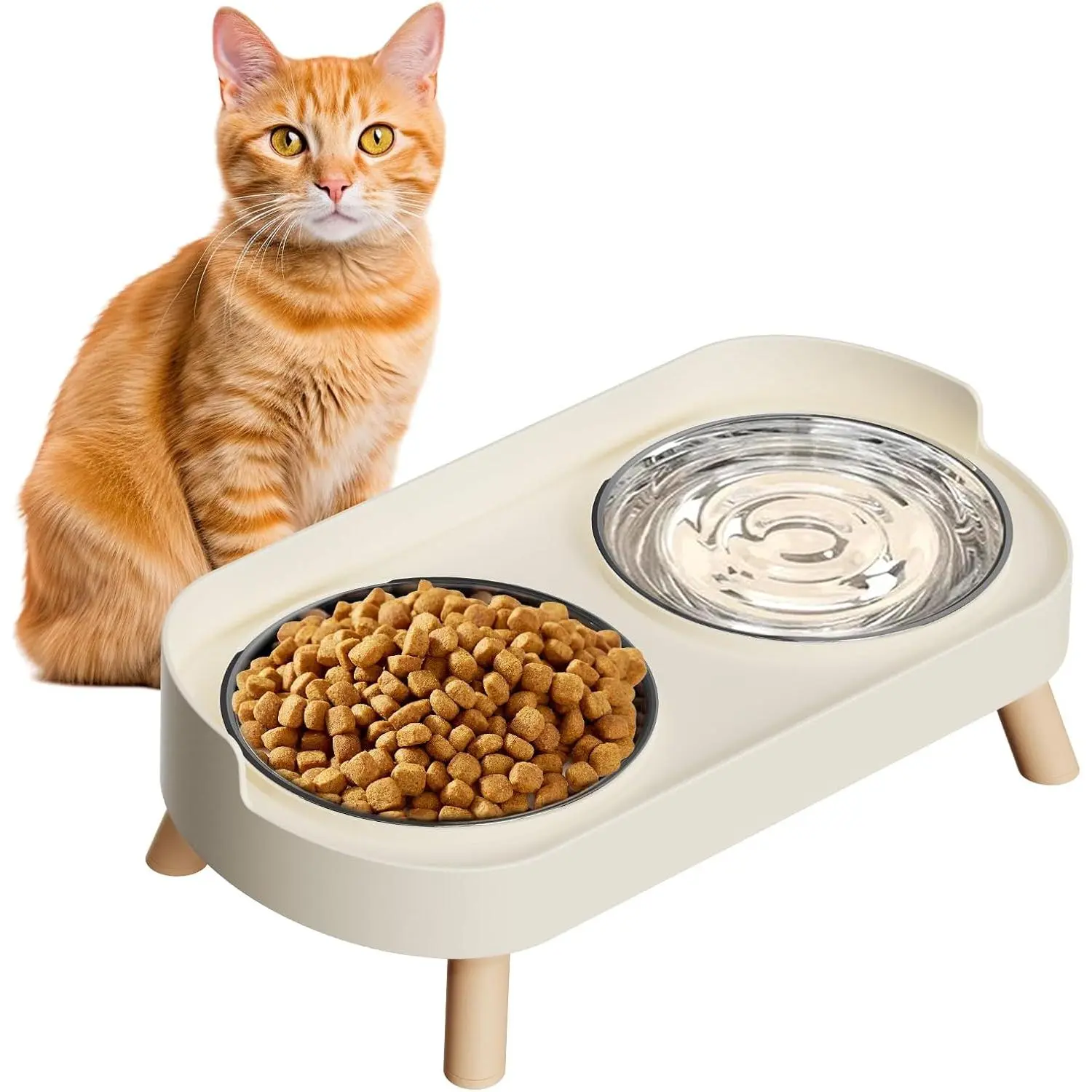 Elevated Cat Bowl, Raised Cat Food and Water Bowl Set for Indoor Cats, Splash Proof with 2 Stainless Steel Pet Food Bowls for Cats and Puppies, Whisker Fatigue and Dishwasher Safe - White