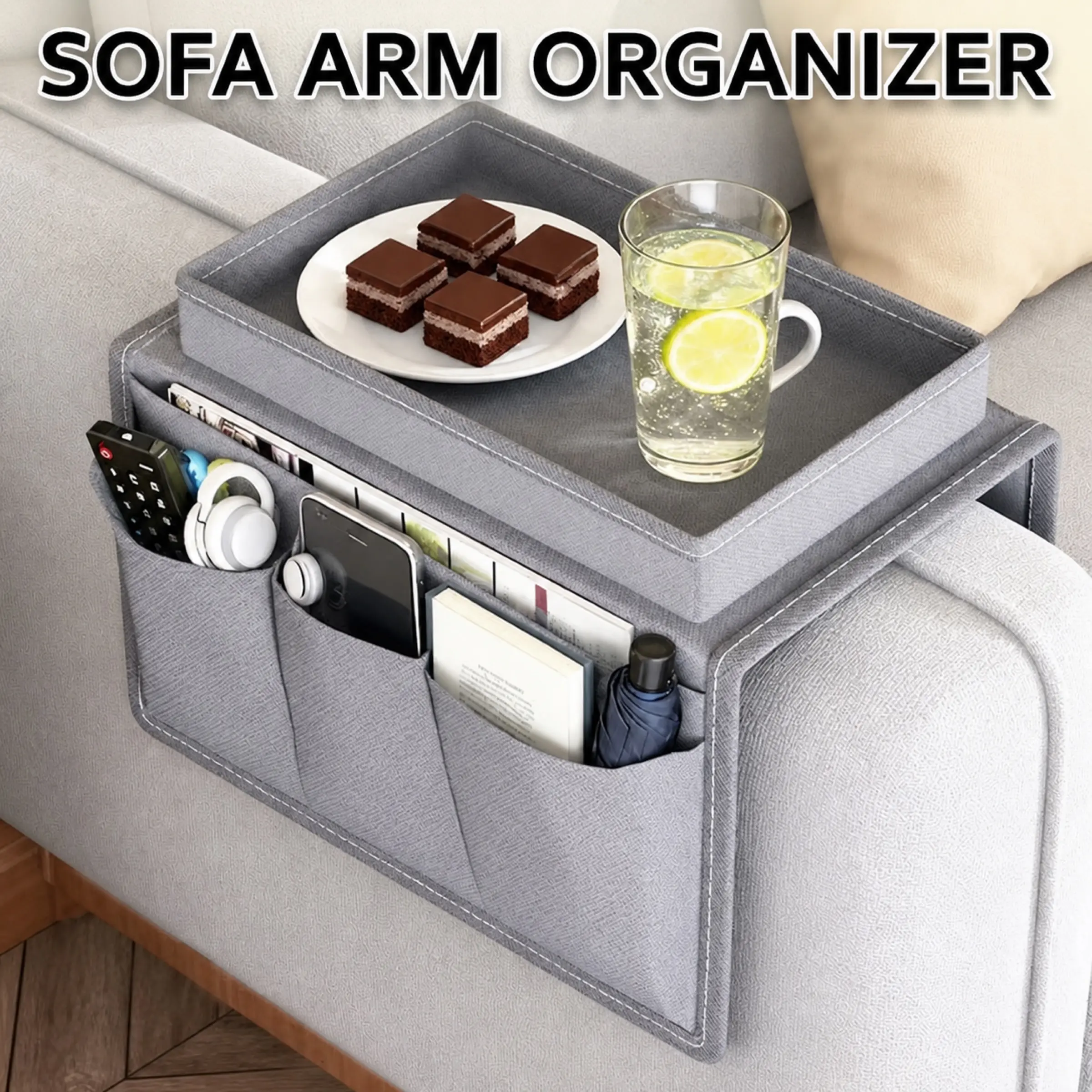 Couch Armrest Tray with Cup Holder, Non-Slip Silicone Storage Box with Pockets, Heat-Resistant Remote/phone/snack Tray for Living Room Sofa, Storage Armrests