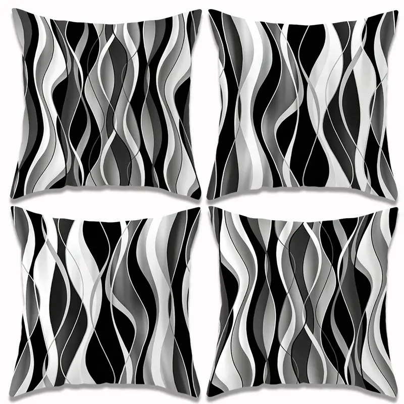 4-Piece Gradient Abstract Wave Pillow Covers Set, Modern Neutral Geometric Print, Soft Polyester, Washable, Living Room Bedroom Decor，No pillow insert