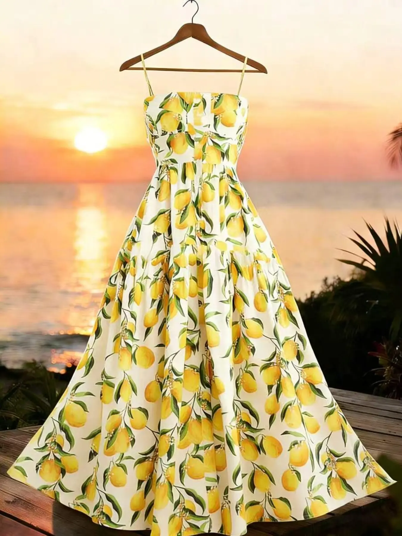Women's Casual Lemon Print Sleeveless Vacation Beach Dress, Comfortable and Stylish Summer Style, Perfect for Relaxing Days