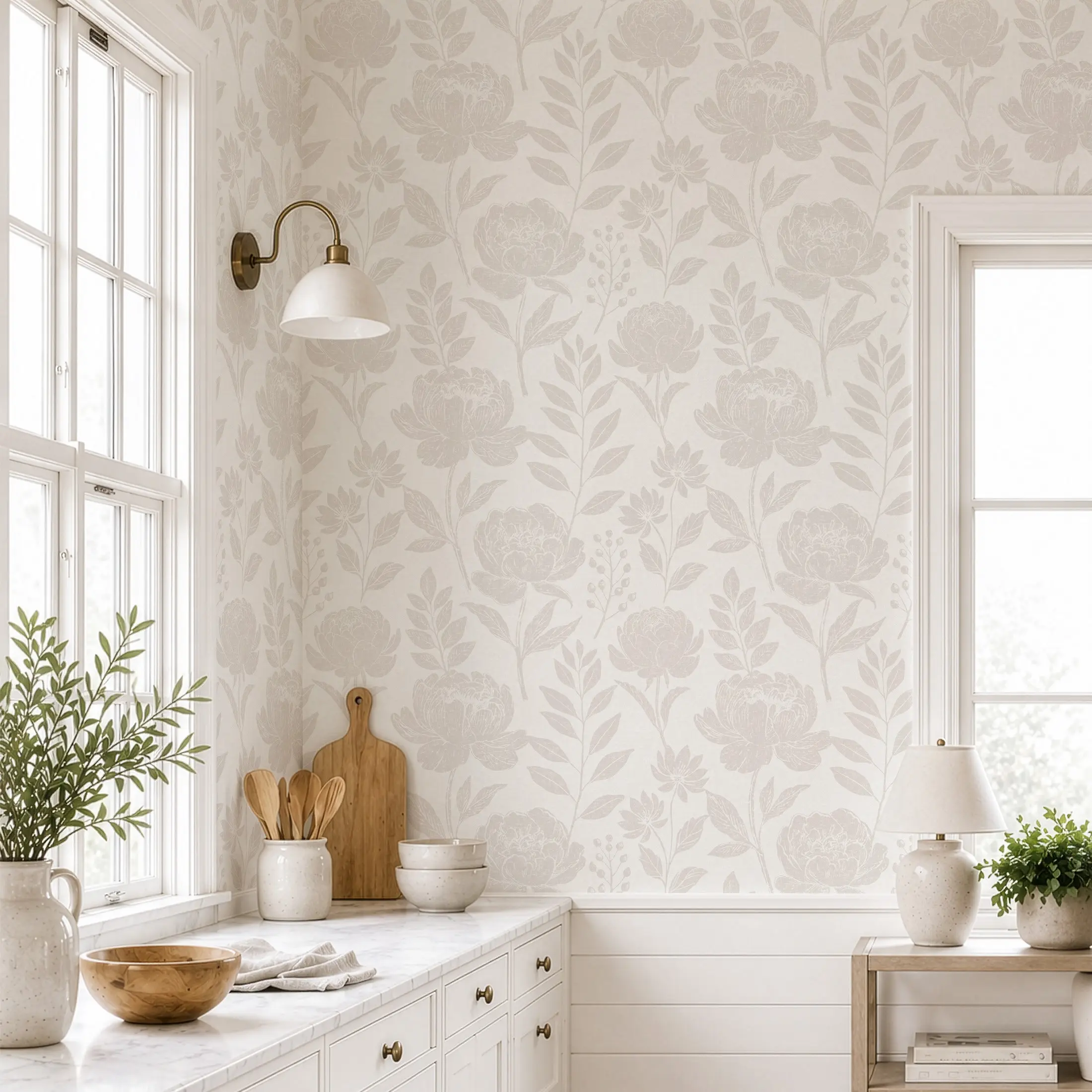 A roll of beige/grass green peony and rose vintage pastoral style self-adhesive wallpaper. high-definition printed wallpaper is easy to cut and DIY, perfect for custom bedroom background wall decoration, furniture surface renovation, home décor makeover
