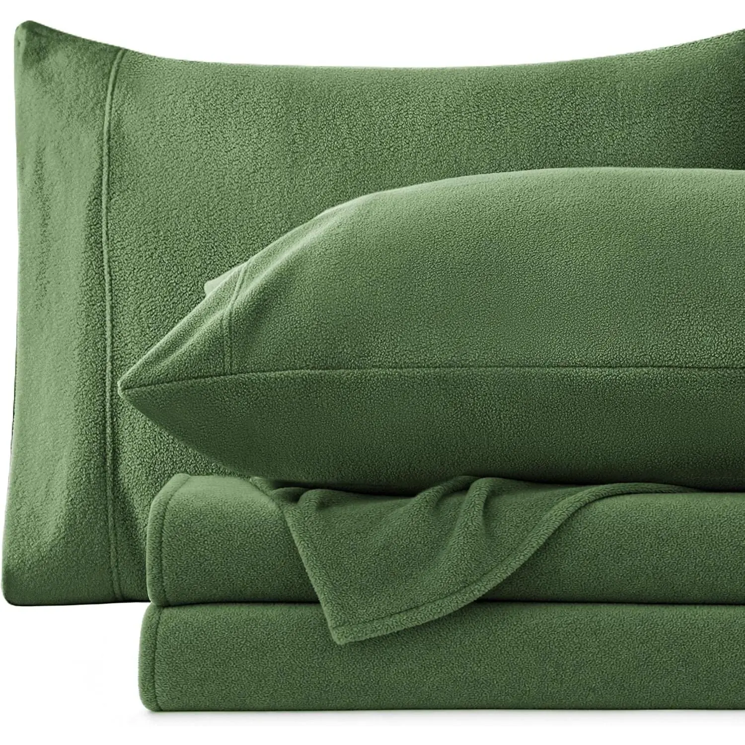 Fleece Twin Sheet Set - 3 Pcs Green Soft Plush Fleece Bed Sheets Set with 16" Deep, Cozy Warmth for Cold Season(1 Flat Sheet,1 Fitted Sheet,1 Pillow Case)