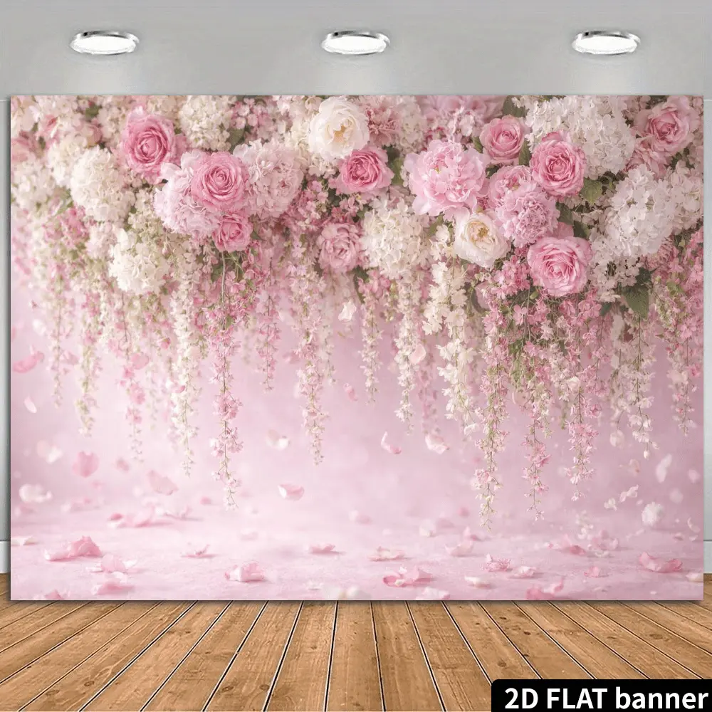 Pink Flower Wall Backdrop Tapestry - 2D Rose & Hydrangea Floral Design, Lightweight Hanging Banner for Wedding Photography, Room Decor, Bridal Events, Gift Option