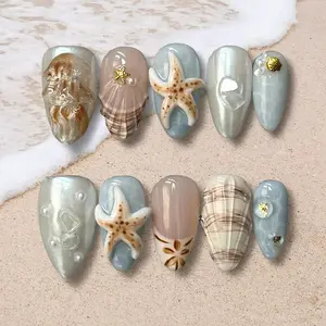Summer Almond Beach Press-On Nails, 3D Jellyfish Starfish Seashell Design, Premium Handmade False Nails for Vacation & Daily Wear